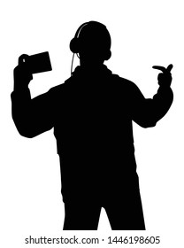 E-sport Gamer With Phone And Earphone Silhouette Vector