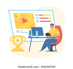 E-sport gamer streaming online game walkthrough. Male cartoon character holding game controller and playing on modern pc sitting in chair. Flat vector illustration