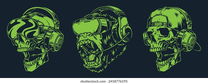 Esport gamers set logotypes green head screaming monkey in VR glasses and skulls with headphones for video games vector illustration