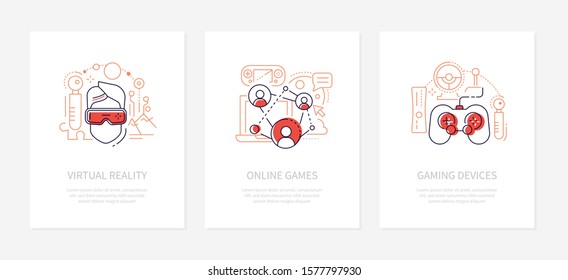 E-sport and gaming - line design style banners. Virtual reality, online games and devices ideas line illustrations with place for text. Linear images of cyber sport equipment, controller, VR goggles