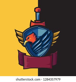 Esport gaming logo with the theme of blue-winged red eagle. With shield and sword defense