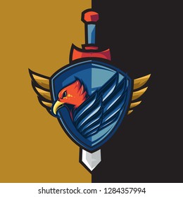 Esport gaming logo with the theme of blue-winged red eagle. With shield defense element