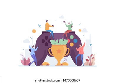 E-Sport Gaming Vector Illustration Concept Showing e-sport player win competition trophy and money, Suitable for landing page, ui, web, App intro card, editorial, flyer, and banner.