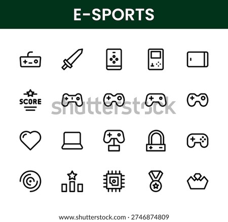 Esport icon set. Esport simple outline icons highlighting online gaming culture digital competition and skill mastery.