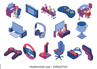 Esport isometric icons set with gamers and equipment for playing computer games 3d isolated on white background vector illustration