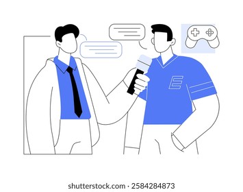 E-sport journalism isolated cartoon vector illustrations. E-sport journalist holding microphone and interviewing e-sportsman, entertainment television, professional reporter vector cartoon.