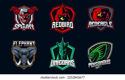 Juego de paquetes de diseño de logotipos para deportes electrónicos , conjunto de símbolos, colección de iconos con payaso, águila, pájaro, cobra, elefante, unicornio.