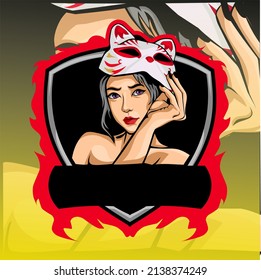   esport logo, female character with japanese mask, vector  illustration, mascot logo design, perfect for, esport team, squad, gamer squad,