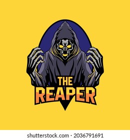 esport logo with grim reaper skull mascot, this logo is suitable for logos of esports teams, game developers, games and software, streamers and life challenging action activities