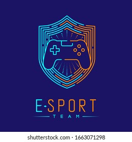 Esport logo icon outline stroke in shield frame, Joypad or Controller gaming gear with hand design illustration isolated on dark blue background with Esport Team text and copy space, vector eps 10