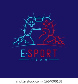 Esport logo icon outline stroke, Joypad or Controller gaming gear with hand, cloud and radius design illustration isolated on dark blue background with Esport Team text and copy space, vector eps 10