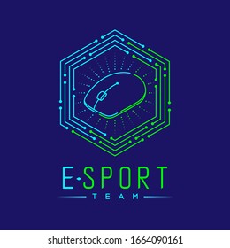 Esport logo icon outline stroke in hexagon frame, mouse gaming gear design illustration isolated on dark blue background with Esport Team text and copy space, vector eps 10