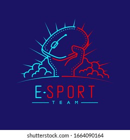 Esport logo icon outline stroke, Mouse gaming gear with hand, cloud and radius design illustration isolated on dark blue background with Esport Team text and copy space, vector eps 10