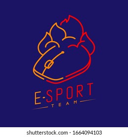 Umriss-Strich des Esport-Logos, Maus-Spielgeräte mit Branddesign-Illustration einzeln auf dunkelblauem Hintergrund mit Esport Team-Text und Kopienraum, Vektorillustration eps10
