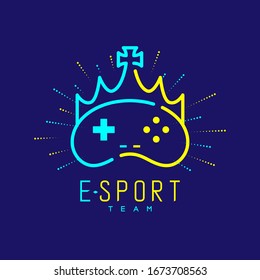 Esport logo icon outline stroke and radius, Joypad or Controller gaming gear with Crown design illustration isolated on dark blue background with Esport Team text and copy space, vector eps 10