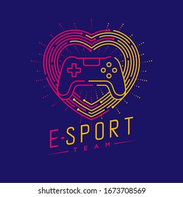 Esport logo icon outline stroke in heart love frame and radius, Joypad or Controller gaming gear design illustration isolated on dark blue background with Esport Team text and copy space, vector eps