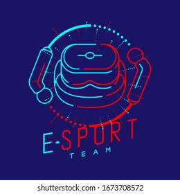 Esport logo icon outline stroke in radius controller frame, VR head set gaming gear design illustration isolated on dark blue background with Esport Team text and copy space, vector eps 10