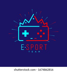 Esport logo icon outline stroke and radius, Joypad or Controller gaming gear with Crown design illustration isolated on dark blue background with Esport Team text and copy space, vector eps 10
