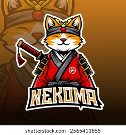 Esport logo a Japanese cat wearing a samurai outfit with a katana sword on its back and the words "nekoma", perfect for a gaming logo