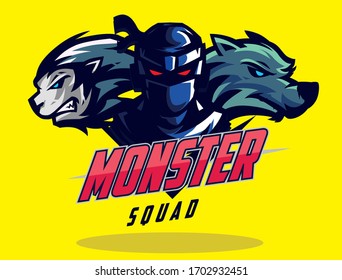 esport logo monster squad wolf, lion, and ninja