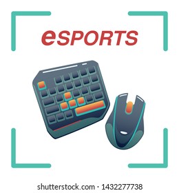 e-sport logo with red letters in a green frame with a computer mouse and keyboard, vector flat icon in casual style