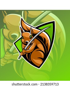 esport logo, squirrel holding a samurai, suitable for team logos, squads, gamer logos, squirrel lovers, war and dangerous