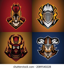 esport mascot bundle of medieval warrior head, this cool and fierce image is suitable for esport team logos or for martial arts club logo, can be used t-shirt or merchandise design