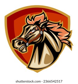 esport mascot logo shield emblem head of a brown stallion with hair like burning fire