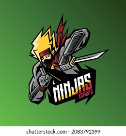 esport mascot of ninja holding a blade, this cool and fierce image is suitable for esport team logos or for streamer logo, can be used t-shirt or merchandise design