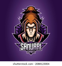 esport mascot of samurai head, this cool and fierce image is suitable for esport team logos or for extreme sport logo like skateboard, can be used t-shirt or merchandise design