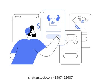 E-sport merchandise online store isolated cartoon vector illustrations. E-sport business, man managing online jersey catalog, professional team merchandise, ecommerce website vector cartoon.