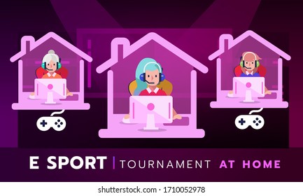 E-sport online tournament at home, Girl professional gamer. Vector illustration
