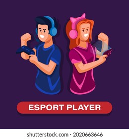 Esport player boy and girl holding gamepad and smartphone gadget mascot illustration vector