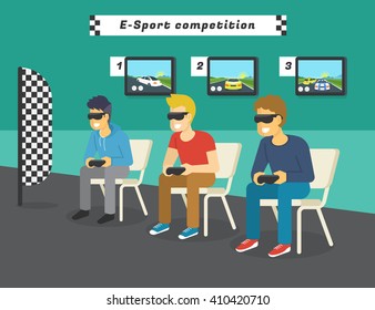 E-sport race competition with virtual reality glasses. Guys playing virtual car race championship and displays behind them showing game to public. Concept illustration of future gaming technologies