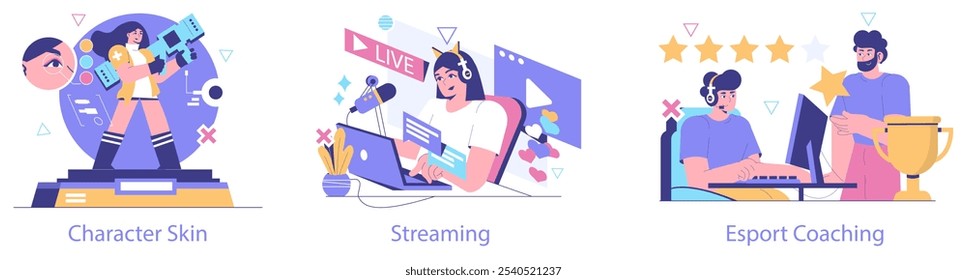 Esport set. Pro gamer character skin customization, live streaming session, and interactive esports coaching scene. Connected gaming culture. Vector illustration.