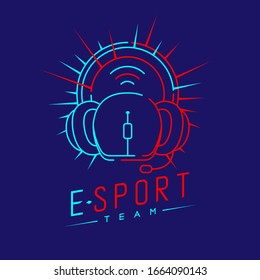 Esport streamer logo icon outline stroke, Mouse gaming gear with headphones, microphone and radius design illustration isolated on dark blue background with Esport Team text and copy space, vector eps