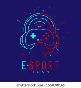 Esport streamer logo icon outline stroke, Joypad or Controller gaming gear with headphones, microphone and radius design isolated on blue background with Esport Team text and copy space, vector