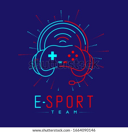 Esport streamer logo icon outline stroke, Joypad or Controller gaming gear with headphones, microphone and radius design isolated on blue background with Esport Team text and copy space, vector
