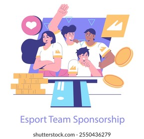 Concepto de patrocinio del equipo de Esport. Un grupo de jugadores celebrando la Asistencia financiera con monedas e ícono del amor. Trabajo en equipo y espíritu de juego competitivo. Ilustración vectorial.