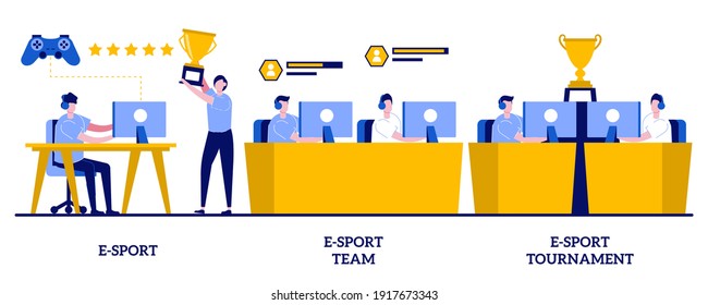 E-sport team, tournament concept with tiny people. Cybersport abstract vector illustration set. Multiplayer video game, esports championship, gaming arena, online sport, player fan support metaphor.