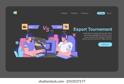 Esport Tournament concept. Animated competitors engage in an intense virtual battle, epitomizing the competitive world of esports. Dual team rivalry on gaming screens. Vector illustration.