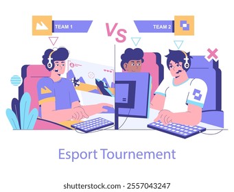 Esport tournament concept. Competitive gaming clash between two teams illustrated with focused players at their computers. Digital sports rivalry. Vector illustration.