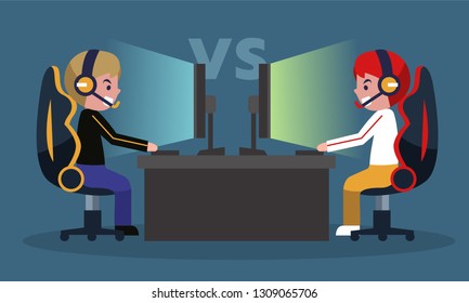 E-sport Tournament, Cyber Online Tournament. Two Gamer With Laptop Playing Video Game. Vector Illustration