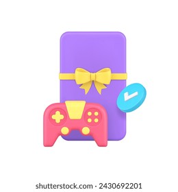 Esport tournament win gift virtual video gaming with gamepad and present 3d icon realistic vector illustration. Cyberspace game victory championship competition leadership electronic entertainment