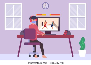 E-sport vector concept: Young man playing e-sport of boxing game on computer while wearing face mask