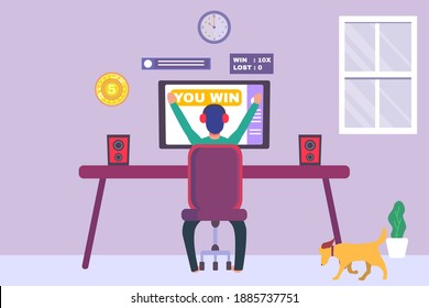 E-sport vector concept: Young man winning video game on the computer
