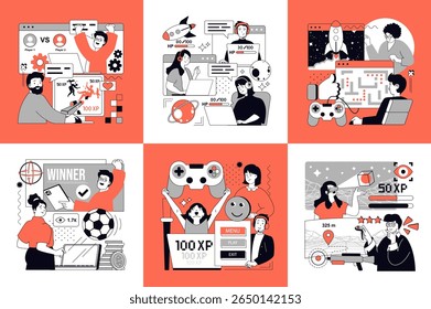 E-sport and video game concept of social media banners set for web design. People playing video games online, streaming gaming, players winning cybersport virtual competition. Vector illustrations.