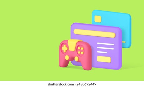 Esport virtual video gaming account buying authorization banner copy space 3d icon realistic vector illustration. Internet multimedia game entertainment profile identification gamepad and browser card