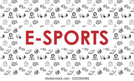 E-Sports background (16x9 ratio). Slide template for presentations with icons set. Banner for website and social media. Contains seamless pattern swatch. Vector design illustration.