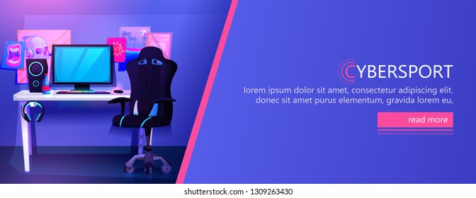 ESports banner. Workplace cyber sportsman gamer. A desk with a computer and headphones and a mouse with light and a gamers chair